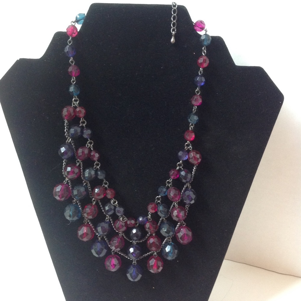Purple Red Beaded Necklace Statement Blue Fringe